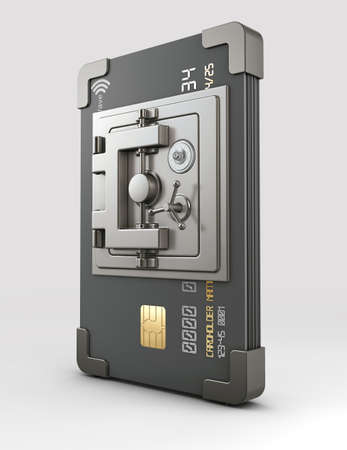 3d Rendering of Credit card with steel safe on gray backgroundの写真素材