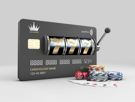 3d Illustration of Bank Card with Slot Machine and casino accessoriesの写真素材