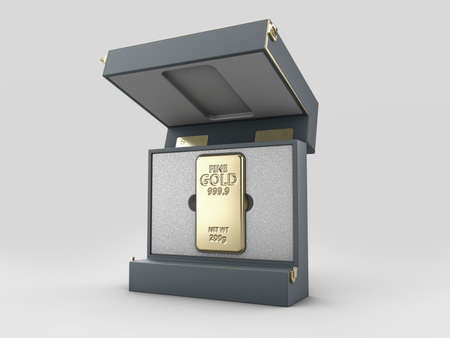 3d Illustration of box with gold bar, gold in the cardboard box.の写真素材