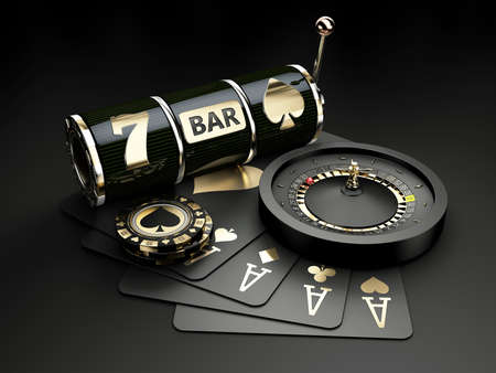 3d rendering of Slot machine with chips and play cardsの写真素材