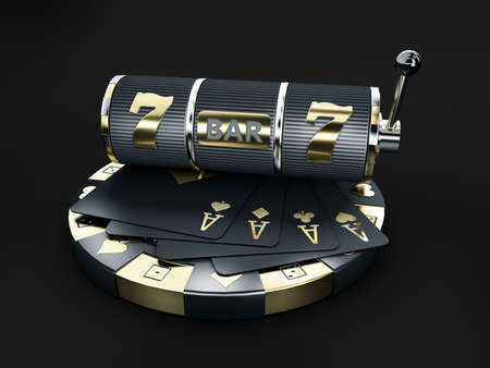 Slot machine with roulette and chip, 3d renderingの写真素材