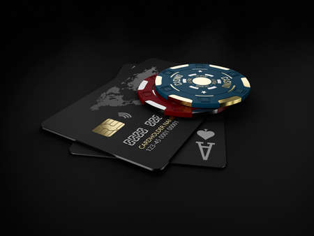 3d Rendering of casino gold chips and black play cards with bank card