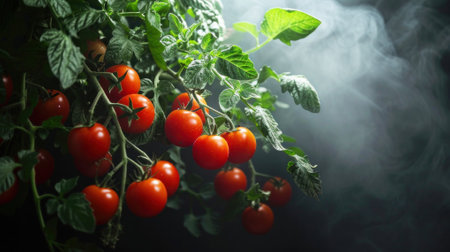 Cherry tomatoes with drops on branch.の素材
