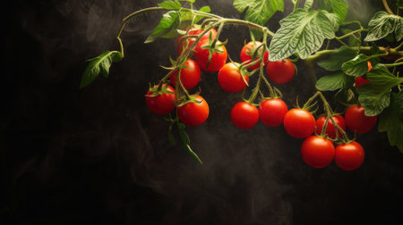 Cherry tomatoes with drops on branch.の素材