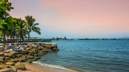 Rocks and seaside villagesの写真素材