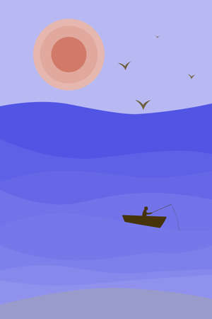 A simple, minimalistic sea-style landscape. The sea, the sun, a boat, a fisherman with a fishing rod and birds flying over the water. Boho style, vector.のイラスト素材