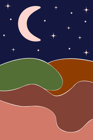 Minimalist abstract night landscape, hills mountains and valleys. Abstract illustration, vector.のイラスト素材
