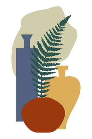 Abstract minimalistic background with vases and jugs of different shapes. Still life for printing or postcards. Decorative home decoration, modern print.のイラスト素材