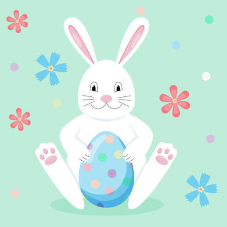 Colorful Easter greeting card with rabbit, eggs and flowers. Colorful children's illustration in pastel colors. A rabbit holds an egg in its paws. Happy Easter concept.のイラスト素材