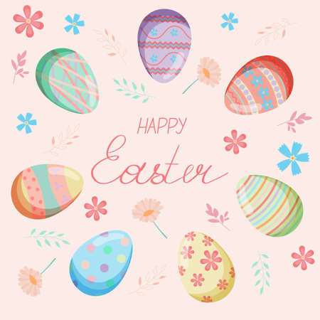 Easter greeting card with eggs, flowers and text. Vector illustration in pastel color.のイラスト素材