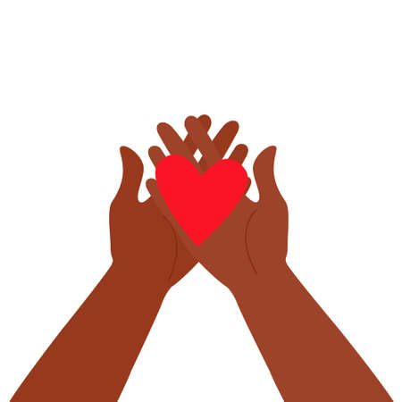 the concept of mutual help, friendship, good attitude and love, the image of hands holding a heart on a white background.のイラスト素材