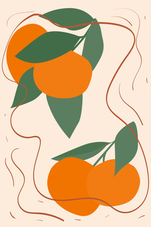 Tangerine sprigs on a beige background. Modern design for paper, interior, cover and more. Minimalistic art object.のイラスト素材