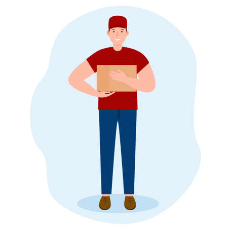 Smiling courier-a man with a parcel in his hands. Online stores. Delivery of food, correspondence and goods to your home. A man with a box in his hands, a delivery man, a postman.のイラスト素材