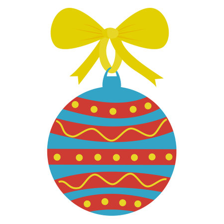 Decorate the Christmas ball and hang it on the Christmas tree. A colorful ball with a yellow ribbon for the Christmas tree. A greeting card for the new year or Christmas.のイラスト素材