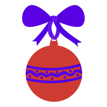Decorate the Christmas ball and hang it on the Christmas tree. A red ball with a blue ribbon for the Christmas tree. A greeting card for the new year or Christmas.のイラスト素材