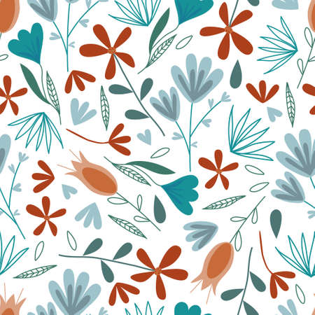 Abstract floral pattern with bright colors. Seamless composition of flowers and leaves for fabric and textiles.のイラスト素材