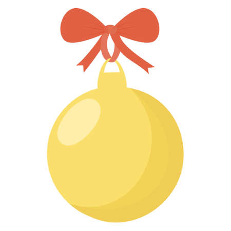 Decorate the Christmas ball and hang it on the Christmas tree. A yellow ball with a red ribbon for a Christmas tree. A greeting card for the new year or Christmas.のイラスト素材