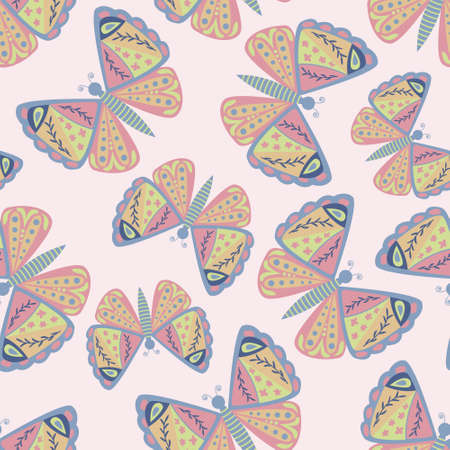 A bright children's pattern of doodle-style butterflies on a pink background for decor, wallpaper, textiles, clothing and fabric, notebook covers and jewelry.のイラスト素材