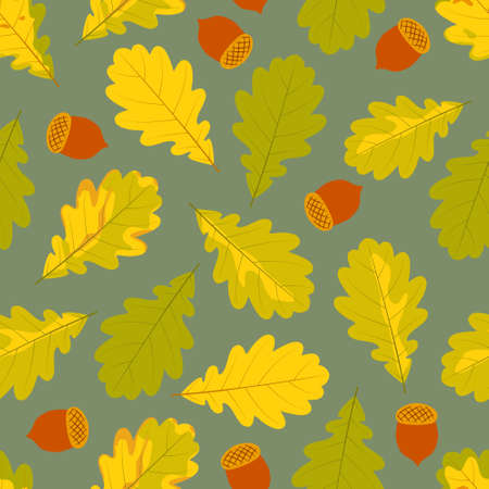 Simple autumn seamless pattern of oak leaves and acorns on a green background for fabric and textiles, paper and notebooks.のイラスト素材