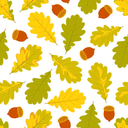 Simple autumn seamless pattern of oak leaves and acorns on a white background for fabric and textiles, paper and notebooks.のイラスト素材