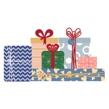 Festive fancy gift boxes, Christmas surprises or birthday gifts. Bright boxes with a bow, pattern and label.のイラスト素材