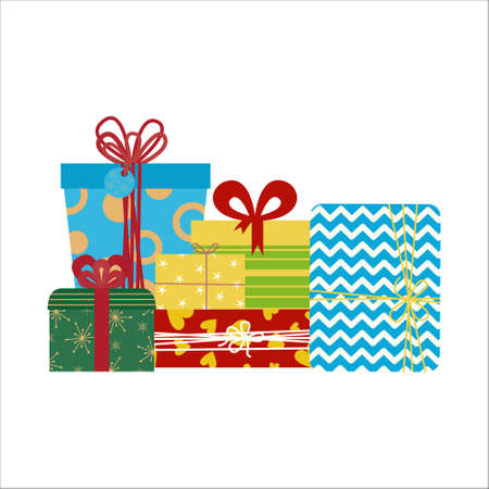 Festive fancy gift boxes, Christmas surprises or birthday gifts. Bright boxes with a bow, pattern and label.のイラスト素材