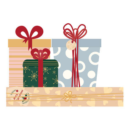 Festive fancy gift boxes, Christmas surprises or birthday gifts. Bright boxes with a bow, pattern and label.のイラスト素材