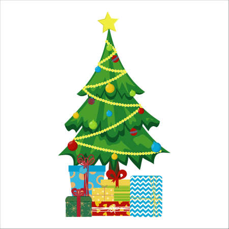 Christmas tree with a star, garlands and Christmas balls, Christmas decorations. A set of festive boxes with gifts and surprises, a cute Christmas card, an invitation, a banner.のイラスト素材