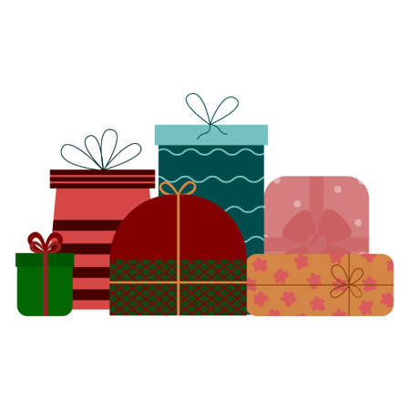 Festive fancy gift boxes, Christmas surprises or birthday gifts. Bright boxes with a bow, pattern.のイラスト素材