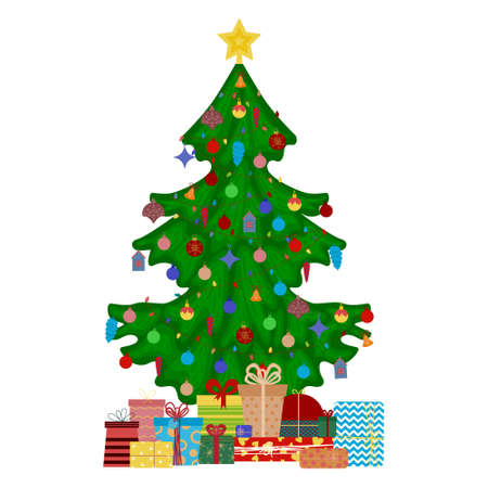 Christmas tree with a star, garlands and Christmas balls, Christmas decorations. A set of festive boxes with gifts and surprises, a cute Christmas card, an invitation, a banner.のイラスト素材
