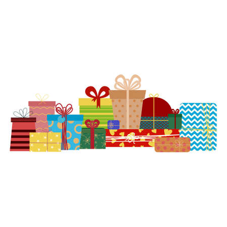 Festive fancy gift boxes, Christmas surprises or birthday gifts. Bright boxes with a bow, pattern.のイラスト素材