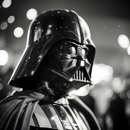 Cyborg in black helmet. Cyberpunk style. Black and white photo.の素材