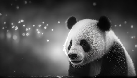 Panda bear in the dark forest, black and white photo.の素材