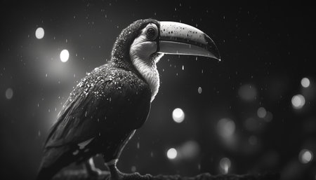 Toucan bird with rain drops on its beak, black and whiteの素材