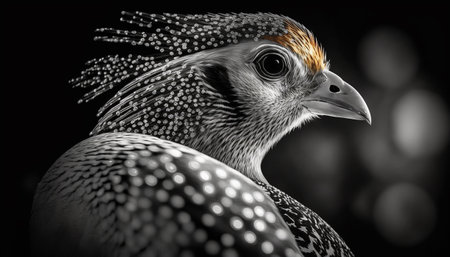 Close up portrait of a beautiful guineafowl on black backgroundの素材