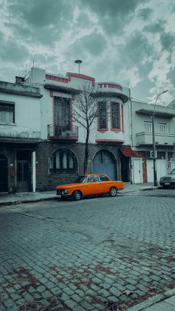 Vintage car on the street of Montevideo, Uruguay. Toned.の写真素材