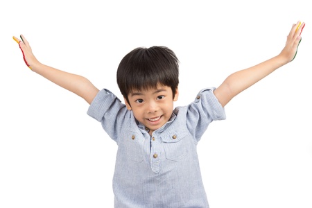 cute boy extend the arms isolated on white backgroundの写真素材