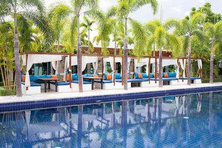 Swimming pool with sunbedのeditorial素材