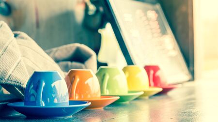 Colorful Coffee Cup In Vintage Cross Process Color Tone : Selective Focus