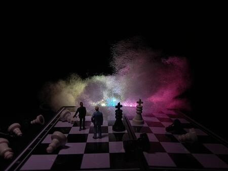 dramatic illustration for photo War or politic situation concept, 2 standing mini figure,...