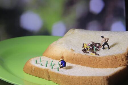 Photo close up top view Miniature Figure Farmer toy working  at Bread