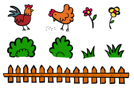 Doodle Outline Hand Draw Sketch Chicken, Rooster, Hen, Food, Flower, bush, Grass and wooden gate&#xA;のイラスト素材