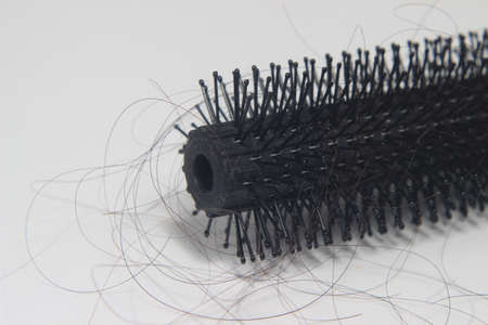 Hair fall at white Black plastick comb, White Backgroundの写真素材
