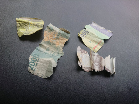 broken, torn, indonesia paper money, suitable for illustration bankrupt or loss at financial transaction, at white backgroundの写真素材