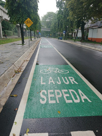 photo of green bicycle track and road sign in indonesia language, jalur sepeda