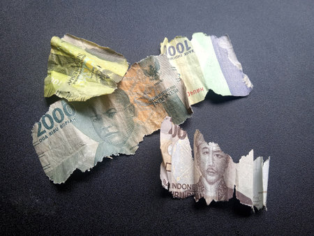 broken, torn, indonesia paper money, suitable for illustration bankrupt or loss at financial transaction, corruption relatedの写真素材
