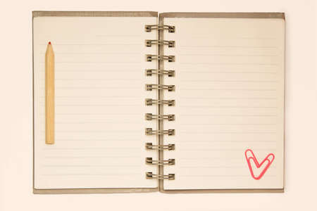 Blank lined notebook with red pencil and a pink paprclip on sides