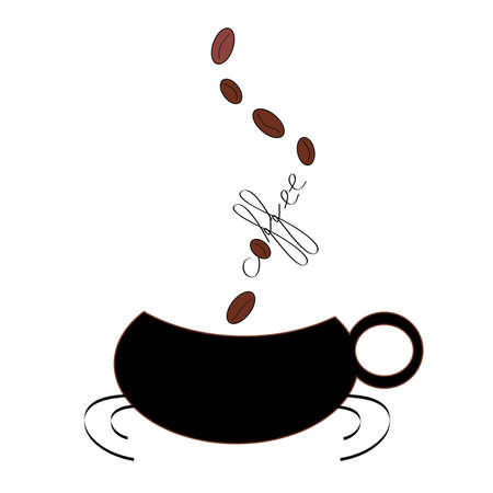 illustration coffee mug with coffee beans ascending from the word coffeeのイラスト素材