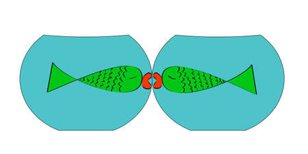 Two fish in different aquariums kissing each otherのイラスト素材