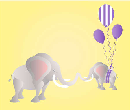 Big elephantand small elephant lifted by the party balloons on the orange backgroundのイラスト素材